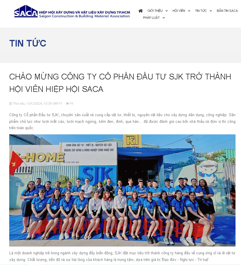 CHÀO MỪNG CÔNG TY CỔ PHẦN ĐẦU TƯ SJK TRỞ THÀNH HỘI VIÊN HIỆP HỘI SACA